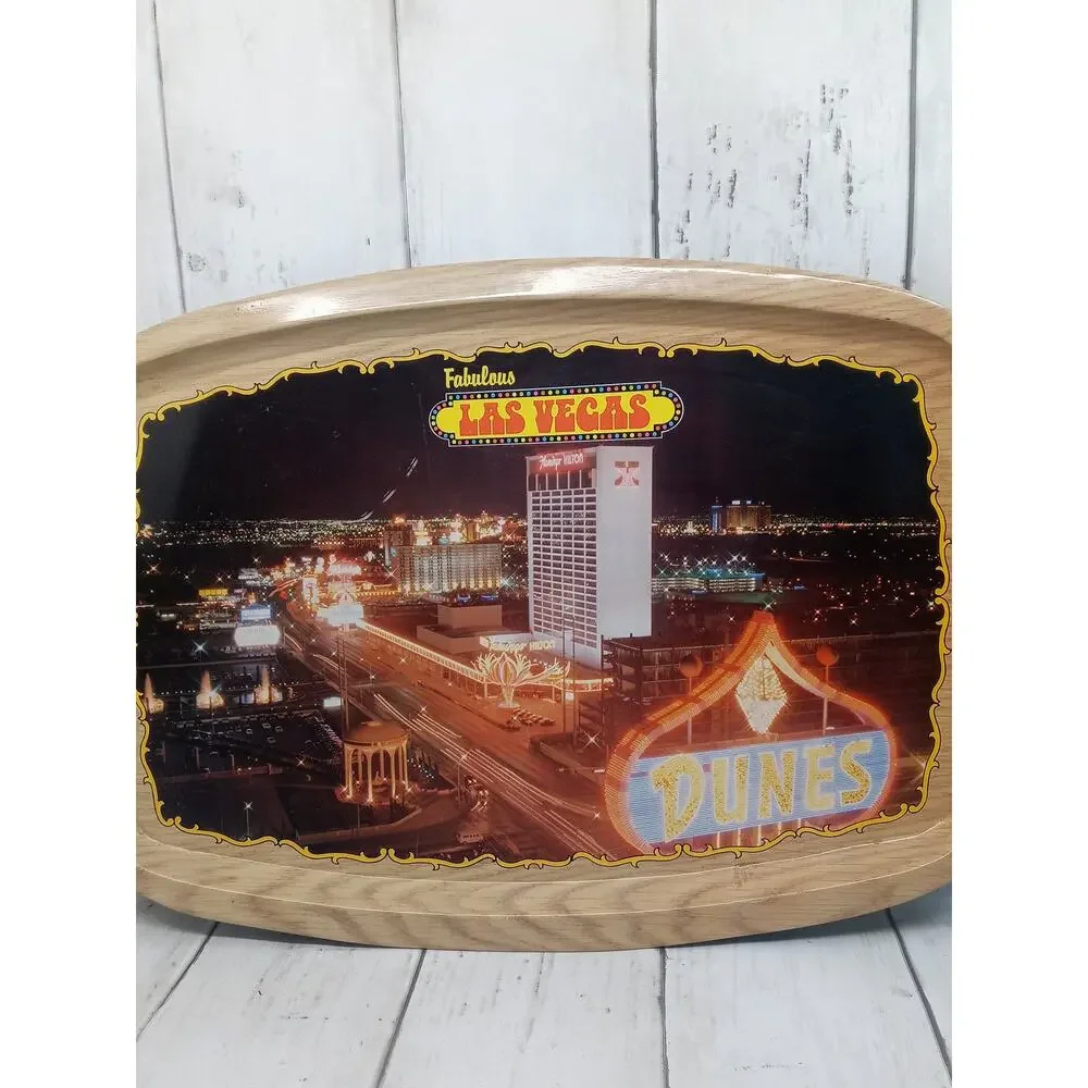 Vtg Las Vegas Strip Tin Tray Birdseye Night View Flamingo Hilton Dunes Caesars
